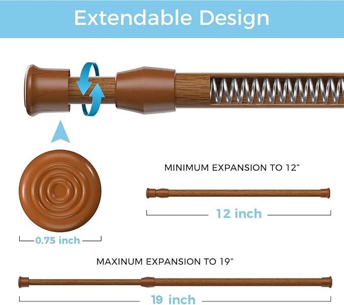 AIZESI Spring Tension Curtain Rod Short Tension Rod (Wood,12" to 19"-2Pcs)
