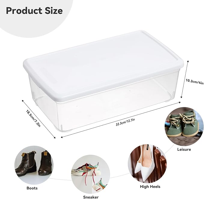 novelinks 8 Pack 6 Quart Clear Plastic Shoe Storage Bins with Lids (White) | Shoe Boxes Clear Plastic Stackable, Clear Shoe Storage Boxes, Shoe Containers, Shoe Bins, Craft Organizers and Storage