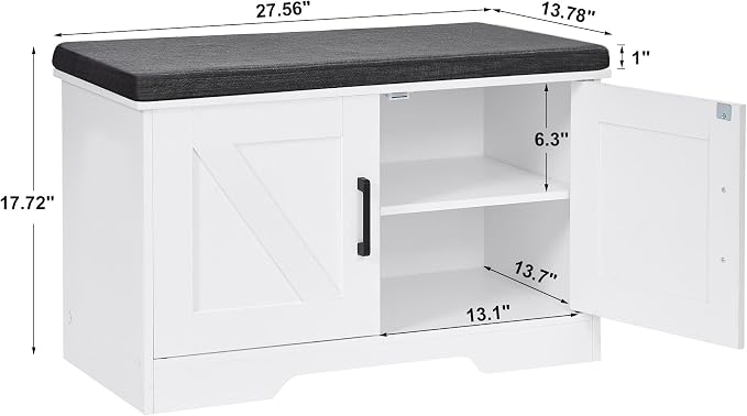 HOMSHO Farmhouse Shoe Storage Bench with 2 Barn Doors & Padded Seat Cushion | 27.6" Wide Entryway Bench with Adjustable Shelves & Hidden Storage, White