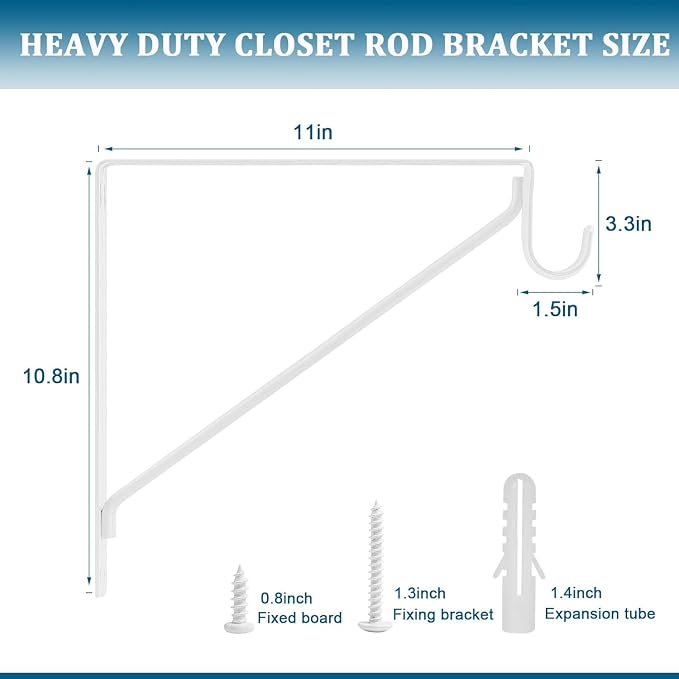 6PCS Heavy Duty White Closet Rod Brackets 11 x 11 Inch,1-3/8Inch Diameter Shelf and Rod Bracket Holder for Home and Closet Decor, Wall Mount Closet Pole Supports Bracket Hook with Screws