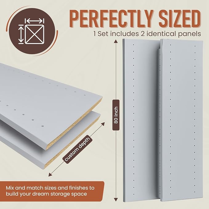 B&B HARDWARE Closet Evolution Classic Vertical Panels Up to 80 Inch – Pre-Drilled Organizer Units – Scratch Resistant Laminate, Compatible with Closet Systems & Accessories (Light Grey, Pack of 2)