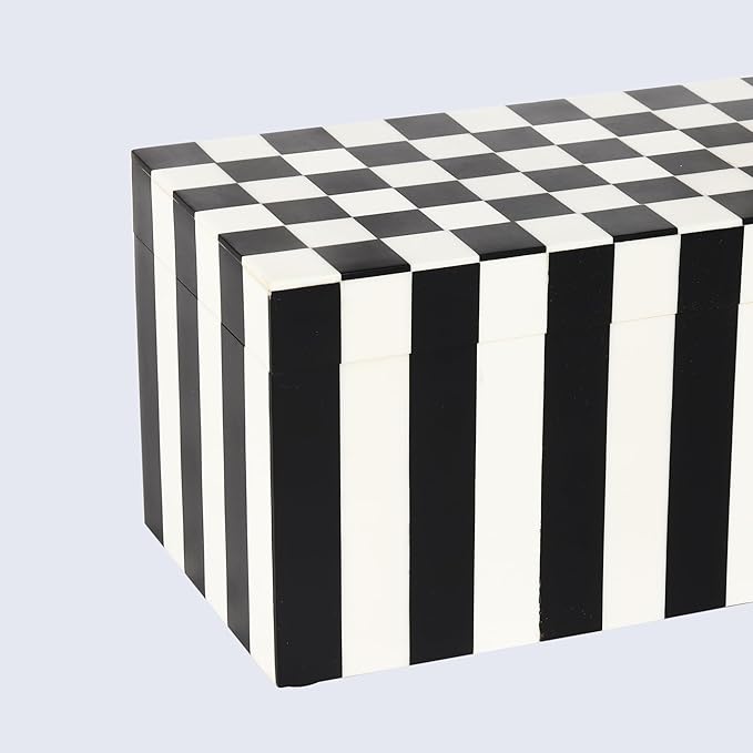 Handicrafts Home Large Decorative Storage Box with Lid, Black and White Keepsake Storage Box, Decorative Jewelry & Memory Box for Coffee Table, Shelf & Bedroom Decor, Puzzle Check - 10 x 5 x 5 Inch