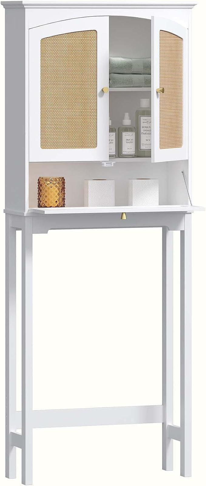 Spirich Over the Toilet Storage Cabinet with Arched Rattan Doors, White | Tilt-Out Storage Cube, Adjustable Shelf, 33-Inch Clearance, Anti-Tip Bracket, Freestanding Bathroom Organizer for Toiletries