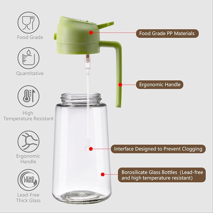 SWEET VIEW 2PCS Oil Sprayer for Cooking 16oz/470ml | Glass Oil Dispenser/Pour Bottle, Kitchen Accessories, Kitchen Gadgets for Air Fryer, Salad, BBQ, with Stickers (Green,White)