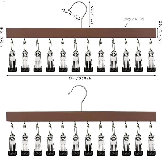 2 Pcs Closet Organizer with 12 Clips, Space Saving Hanging Closet Organizer Wood Hangers with Clips for Pants Hats Scarves Socks