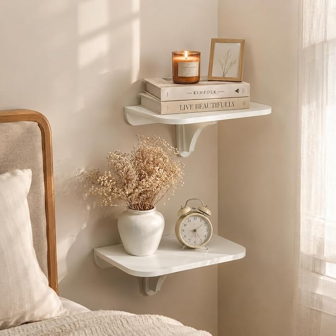 WELLAND 11.8" x 8.25" White Wall Mounted Desk Small Floating Shelves Set of 2 Folding Wall Shelves Drop-Leaf Table Fold Down Desk for RV, Camper, Loft Beds
