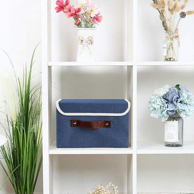 2Pack Storage Bins Boxes with Lids 10" x 8" x 7" Decorative Storage Baskets | Cotton Linen Fabric, Collapsible, Faux Leather Handles, Storage Cubes, Closet Shelf Clothes Organizer Container, Blue