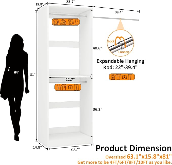 Closet System with 3 Hanging Rods& Shelf , 2FT Small Closet Organizer System Storage Wood with Extra Side Hanging Rod for Walk in Closet, Adjustable Modular Closet Systems Customize, White(2FT)