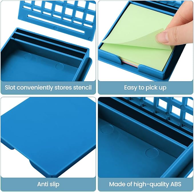 Sticky Note Holder with 5 Different Stencil & 100 Sheet Post It Notes, 3x3 inch Sticky Pads Dispenser with Line Box Drawing Template for Office and Home(COLOR:blue)