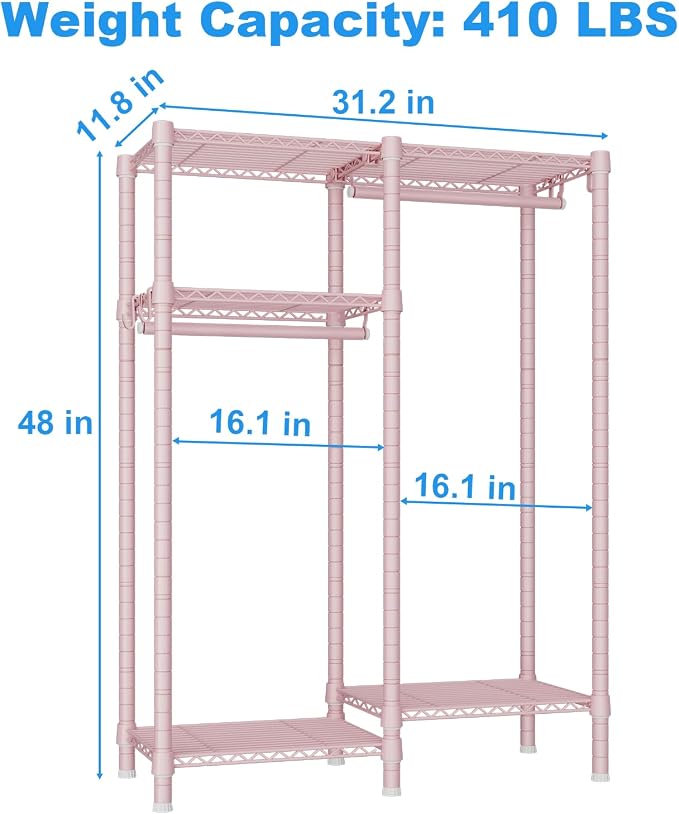 Ulif F1 Clothes Rack for Kids, Baby, Students, and Children's Room, 4 Tiers Portable Metal Closet Clothing Rack, Small Garment Rack with 2 Hanging Rod, 31.2" W x 11.8" D x 48" H, Pink