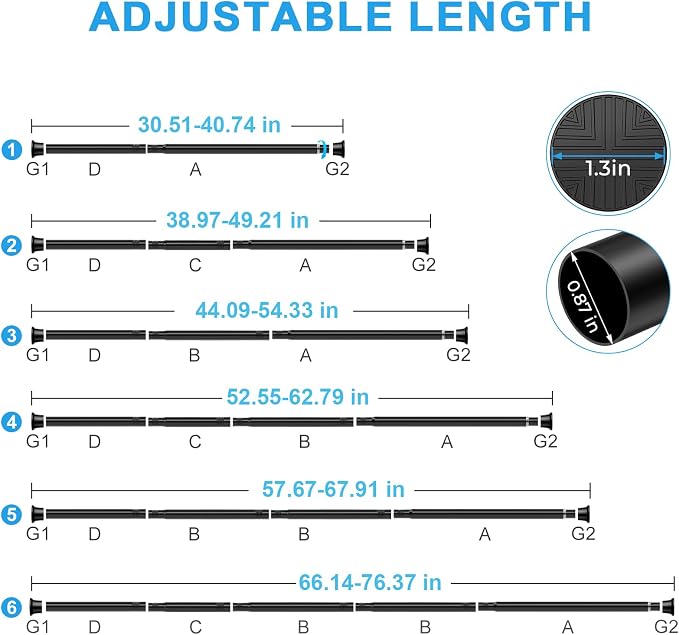 Spring Tension Curtain Rod 30-76 Inch Black Shower Curtain Rod 1pcs | Adjustable Curtain Rods No Dilling Spring Curtain Tension Rod Extendable Tension Rods for Windows Bathroom Doorway Kitchen