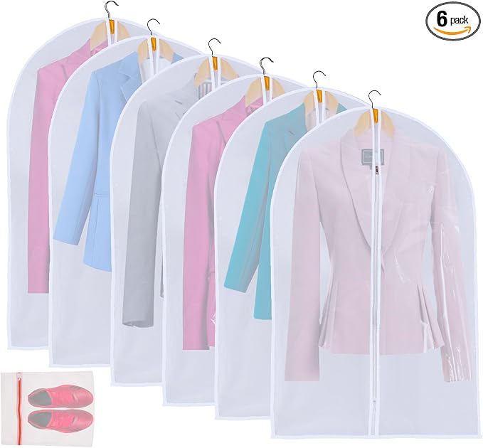 MsKitchen 6 Pack Shirt Garment Bags (24x36") - Dustproof Short Suit Covers - Durable PEVA Closet Bags with Sturdy Zipper for Blouses, Jackets, Sweaters & T-Shirts (Translucent)