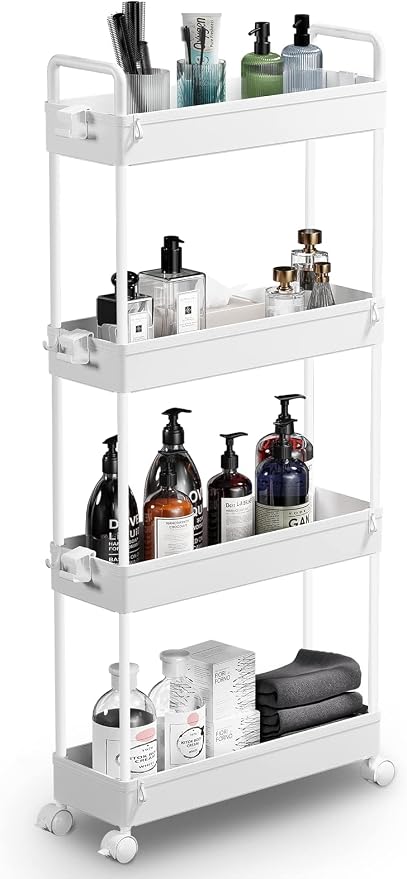 SOLEJAZZ Slim Rolling Storage Cart Skinny Bathroom Organizer, 4 Tier, White | Thin utility cart with wheels for bathroom, laundry room, bedside, kitchen, dorm, office, next to fridge, small narrow places