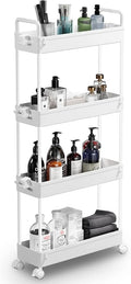 SOLEJAZZ Slim Rolling Storage Cart Skinny Bathroom Organizer, 4 Tier, White | Thin utility cart with wheels for bathroom, laundry room, bedside, kitchen, dorm, office, next to fridge, small narrow places