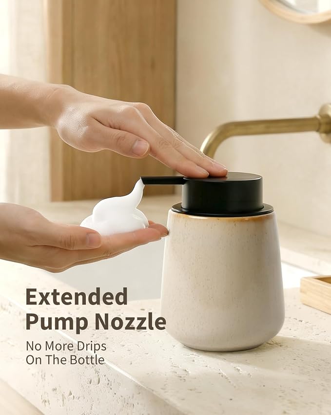 Bosilunlife 12Oz Ceramic Foam Soap Dispenser for Bathroom Kitchen Counter | Premium countertop foam pump creates delicate dense foam, stable desktop placement, Greige with Speckle