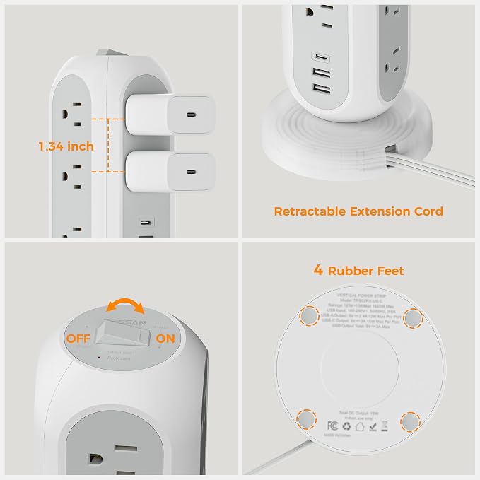 TESSAN Tower Power Strip Flat Plug with 1050J Surge Protection, 5 Ft, Black | 11 Outlets 3 USB (1 USB C), Surge Protector Power Tower, Retractable Extension Cord with Multiple Outlets for Dorm, Office