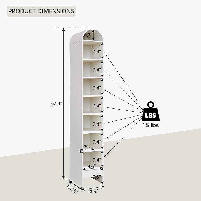 IFGET 67" Tall Arched Shoe Storage Cabinet, 8 Tiers 8 Pairs Wooden Shoe Rack with 3 Adjustable Shelves, Freestanding Shoe Closet Shelf Organizer for Entryway, Hallway, Living Room (Antique White)