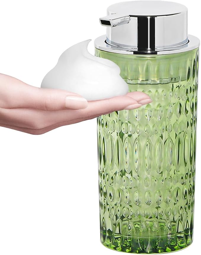 Foam Soap Dispenser, Glass Foaming Hand Soap Dispenser with Pump, 14 Oz Bathroom Refillable Liquid Lotion Pump Bottle Container for Kitchen Countertop Decor (1, Green Silver)