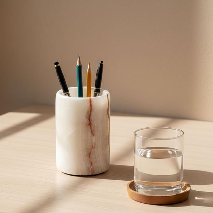 Radicaln Marble Pen Holder For Desk 4" Inches White Onyx Handmade Marker & Pen Holder for Desk Organizer, Ideal Marble Toothbrush Holder & Pencil Holder For Home Decor