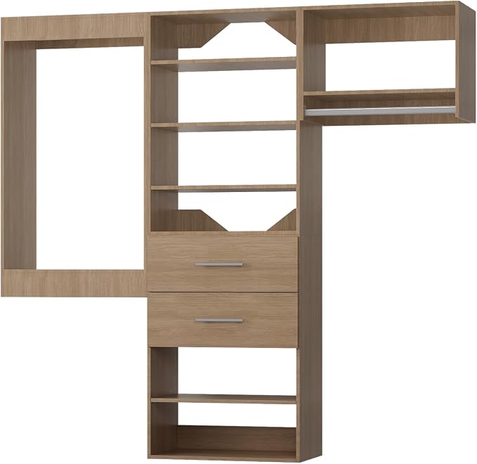 ROOMTEC Modular Closet System, 60" Wall Mounted Modern Closet Organizer with Hanging Rods and Drawers, Wooden Tower for Walk-In Closets, Wardrobe Storage Kit, Wood
