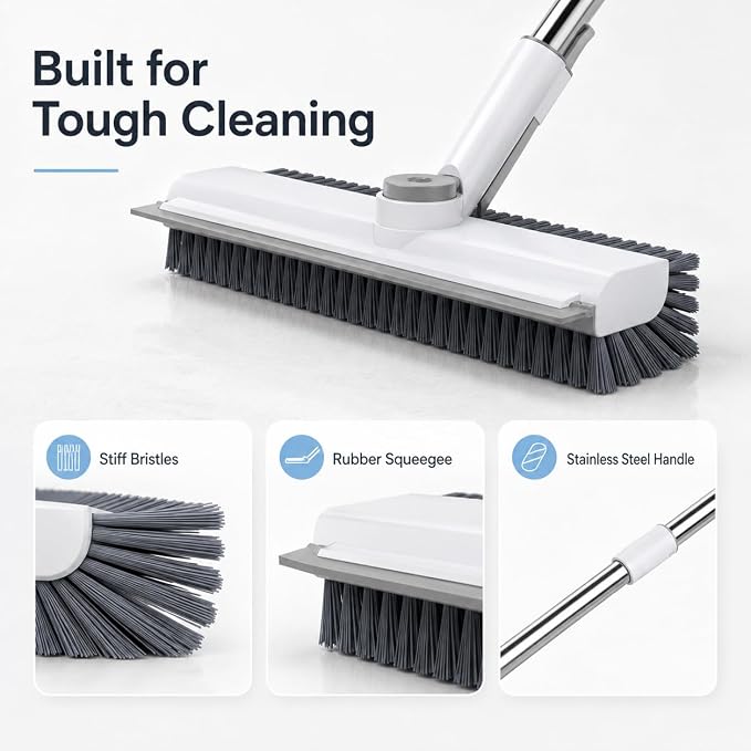 Floor Scrub Brush with 50-Inch Handle, Squeegee and Stiff Bristles | Stiff PVC bristles, 30/40/50-in stainless steel handle, 360° locking head and squeegee for tile, tubs and patios.