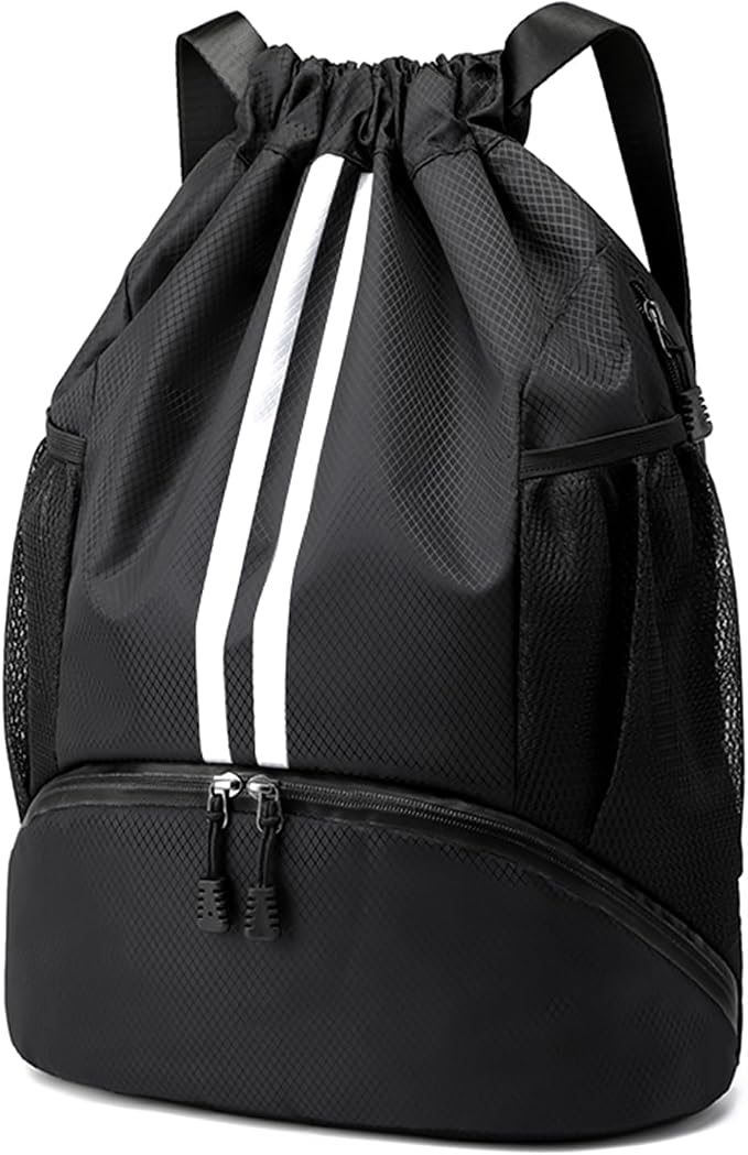 Hoedia Sports Drawstring Backpack - Swim Gym Bag for Women and Men | String Bag with Shoes Compartment and Wet Proof Pocket, Adjustable Wider Shoulder Strap, For Soccer, Basketabll, Volleyball