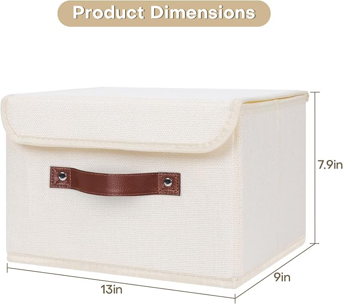 ANMINY Storage Bin with Lid Storage Boxes with PU Leather Handles PP Plastic Board Decorative Foldable Lidded Cotton Linen Fabric Home Cubes Baskets Closet Organizer Container - Beige, Medium