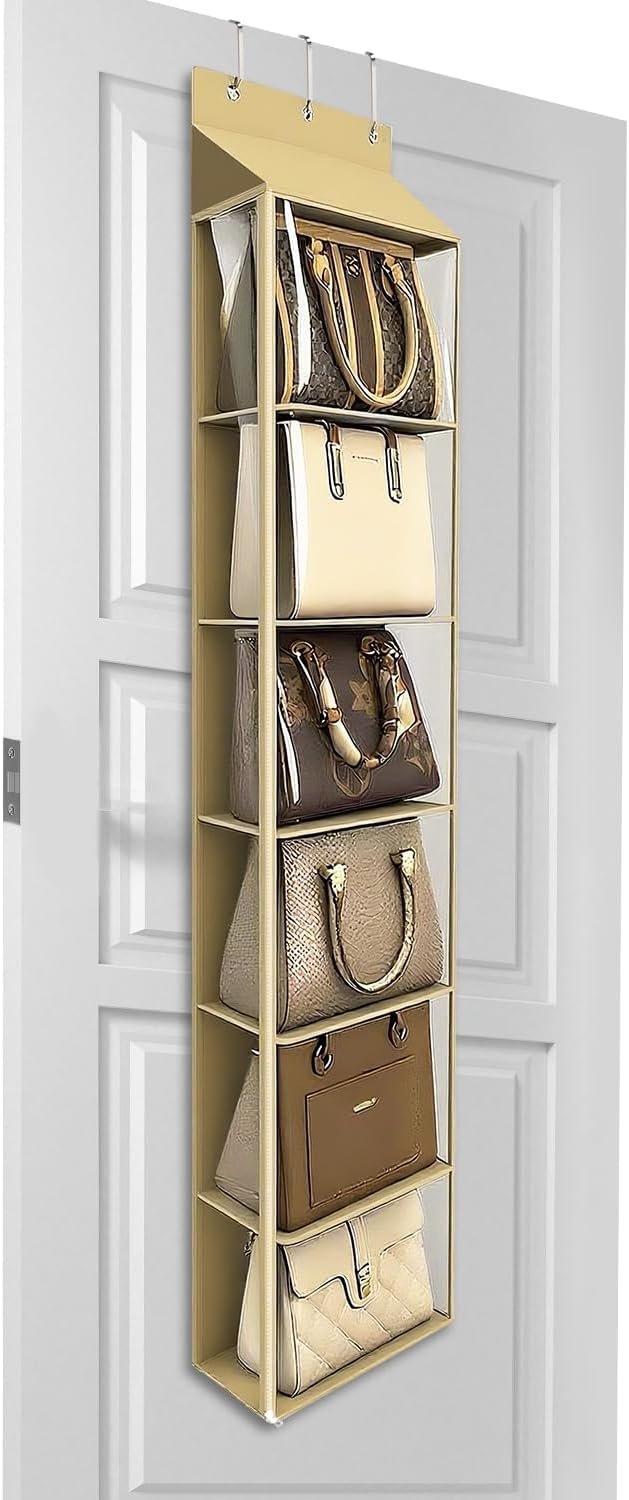 Lirex Over The Door Purse Organizer & Purse Shelf for Closet – Handbag Storage Organizer with Purse Hanger. Perfect for Scarves, Hats, and Leggings. L (15.7'' x 5.7'' x 68''), Khaki