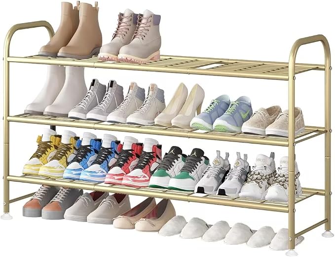 LINZINAR 3 Tier Long Shoe Rack for Closet Metal Shoe Organizer for Entryway | Spacious design stores 20+ pairs of shoes,durable metal frame,space-saving organizer for closet, hallway, and Entryway Gold