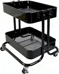 2 Tier Cart with Wheels Heavy Duty Metal Rolling Storage Cart for Under Desk Storage, Short Small Utility Shelf for Pantry Kitchen Bathroom Laundry, Home Organizer with Large Basket, Black