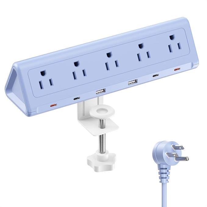 6.5 FT Desk Clamp Power Strip with 5 AC Outlets & 6 USB Ports PD 40W USB-C Fast Charging, Extension Cord with Multiple Outlets, Fits 2.1 in top Edge Blue