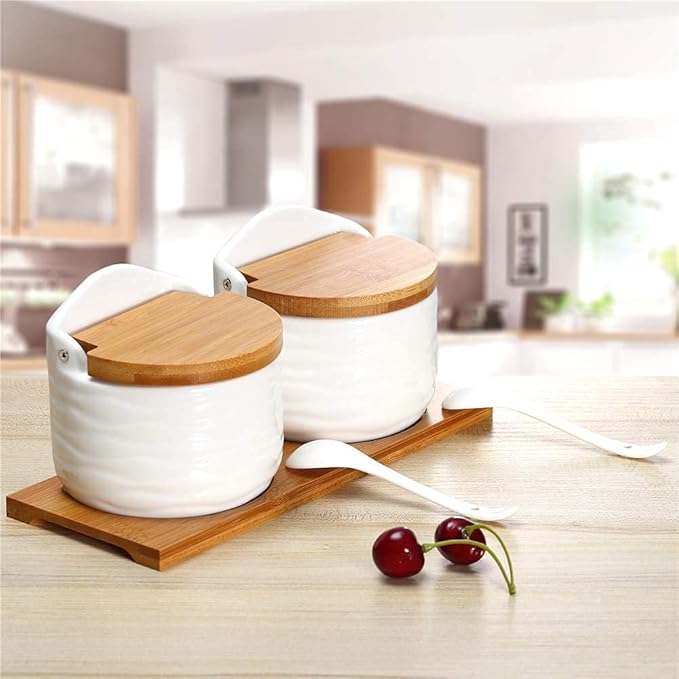 Ceramic Sugar Bowl with Bamboo Lids and Spoons Serving Tray, Porcelain Sugar Container for Sugar Tea Coffee Spice,Salt Condiment with Chalkboard Labels for Home Kitchen,9.1 fl oz 270 ML