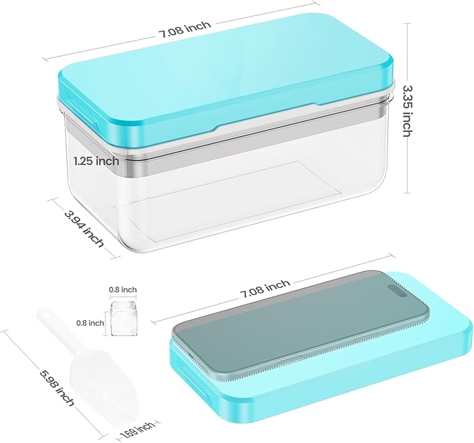 0.8“ Ice Cube Tray with Lid and Bin, PHINOX 28 Cubes Ice Trays for Freezer, Ice Cube Trays for Freezer with 1 tray, Container, Lid & Ice Scoop, BPA Free, Blue(28Cubes/Tier)
