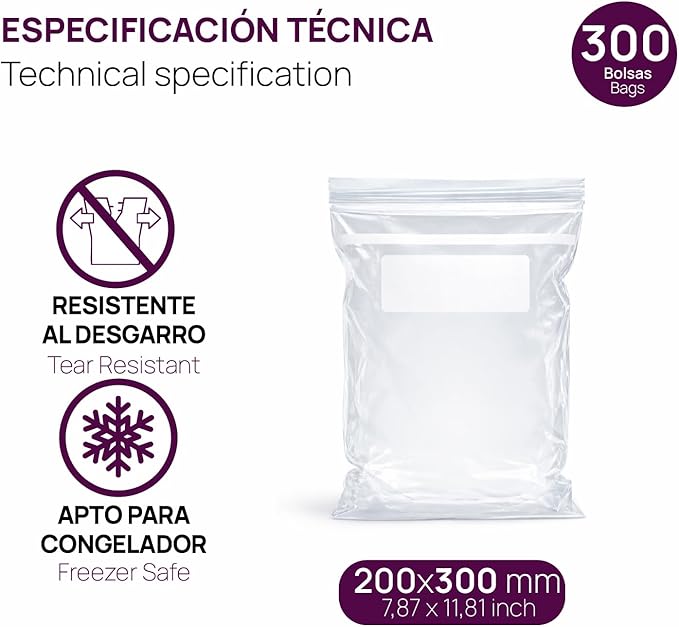 Ofituria Transparent Zip Bags 200 x 300 mm with Airtight Seal, Zip Bags for Food, Snacks, Freezing as well as Kitchen and Travel Organisation - Ofituria (300 Bags)
