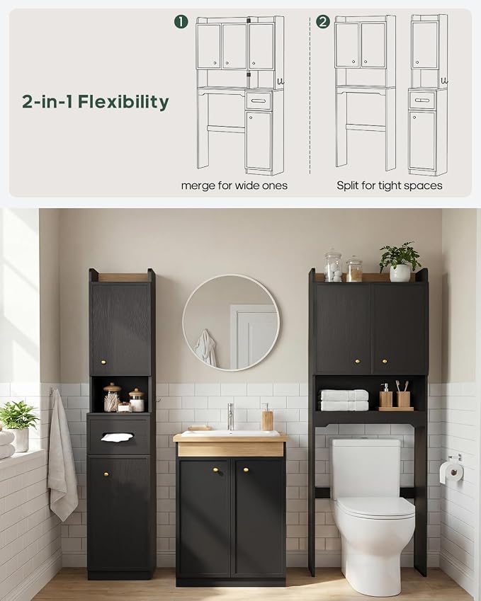 7-Tier Over Toilet Storage Cabinet, 2-in-1, Separable Bathroom Storage | Over-Toilet and Tall Narrow Cabinet, with Doors, Adjustable Shelf, Big/Small Room, Laundry, Tissue Holder, Anti-Tip