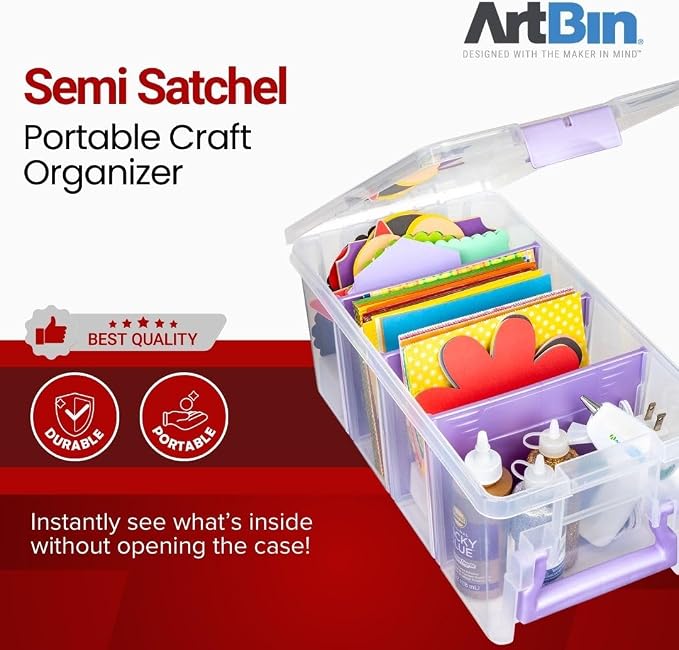 ArtBin Semi Satchel Portable Craft Organizer with 3 Dividers - Clear Plastic Storage Case for Art & Craft Supplies (Pack of 4)