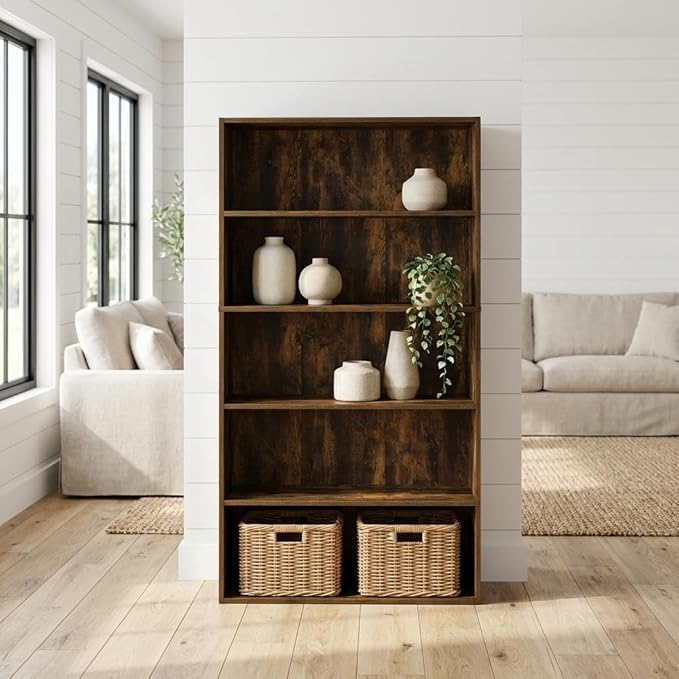 Furnifact Amber Pine 5-Tier Open Shelf Bookcase, Versatile Display and Storage, Wooden Construction for Home and Office, Stylish Durable Design