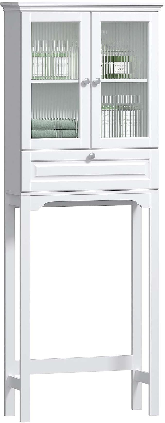 Spirich Over the Toilet Storage Cabinet with Moru Glass Doors, White | Tilt-Out Storage, Adjustable Shelf & Bottom Crossbar, Anti-Tip Bracket, 33-Inch Clearance, Space-Saving Bathroom Organizer
