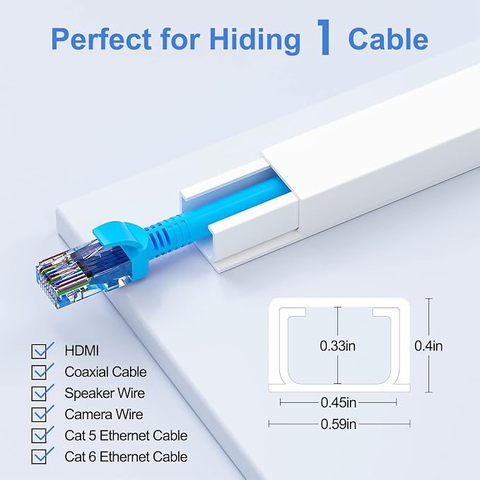 250in Cord Hider, One-Line Cable Hider, Yecaye Small Cord Covers for Wires on Wall System, Cable Raceway Kit for Max 2 Cords, Wire Hiders for Tv on Wall, Wire Hider, 16XL15.7in W0.59in H0.4in, White