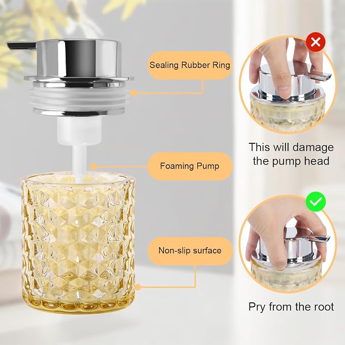 10 Oz Glass Hand Soap Dispenser with Pump, Refillable Bathroom Gold Foaming Soap Dispenser, Vintage Glass Diamond Lotion Container Bottle for Bathroom and Kitchen (1, Amber and Silver)