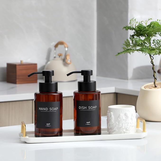 Glass Foaming Soap Dispenser Set with 304 Stainless Steel Pump 12oz 2 Pack | Rust Proof Black Pump, Sturdy, Brown Empty Foam Bottle with Waterproof Labels for Bathroom Decor Kitchen Colleage Dorm