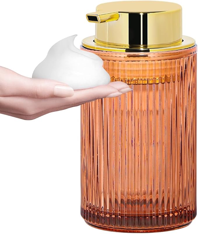 Foaming Soap Dispenser, 12 Oz Brown Glass Foam Soap Dispenser, Refillable Foam Pump Bottle Container Decorative Slim Ribbed Bottle for Bathroom and Kitchen Countertop