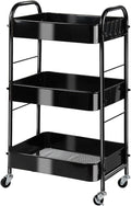 SUNLPH 3-Tier Rolling Utility Cart with Stopper Caster Wheels and 4 Hooks, Easy Assembly, for Kitchen, Bathroom, Living Room, Office (17.7”L x 12.2”W x 29.1”H, Black)