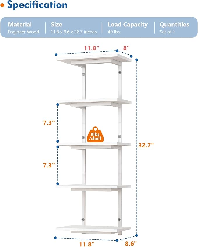 Harwaya White 5 Tier Wall Shelf Unit for Shoes Display, Lack Wall Bookshelf for Bedroom, Vertical Tiered Floating Book Shelves for Office Living Room Bathroom Vanity Kitchen Closet Purses Bags