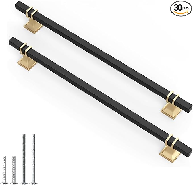 30 Pack 10 Inch Black and Gold Cabinet Pulls Kitchen Cabinet Handles, Black and Gold Cabinet Handles Square Dresser Drawer Pulls Kitchen Cabinet Hardware