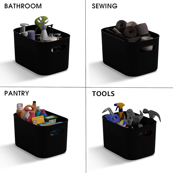 ORGIDOL 12 Pack Black Plastic Storage Bins, Storage Container for Organizing, Storage Boxes with Handle for Shelves, Cute Organizer Bins for Craft, Snacks, Pantry, Cabinet, 8.7x6.7x5.66inch