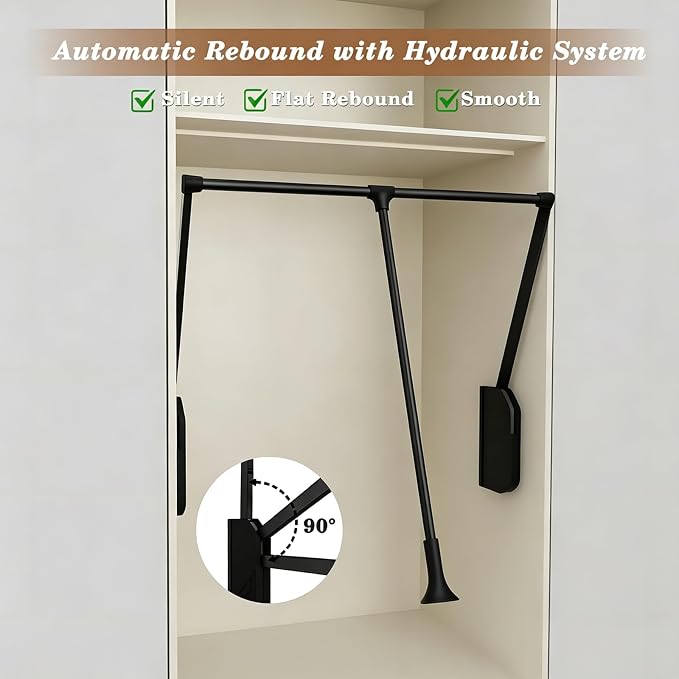 Black 35"-48" Pull Down Closet Rod Stainless Steel 60lbs Load Capacity | Heavy Duty Adjustable Hanging Closet Rod,Side & Back Mounted Black Pneumatic Closet Valet Rod for Wardrobe