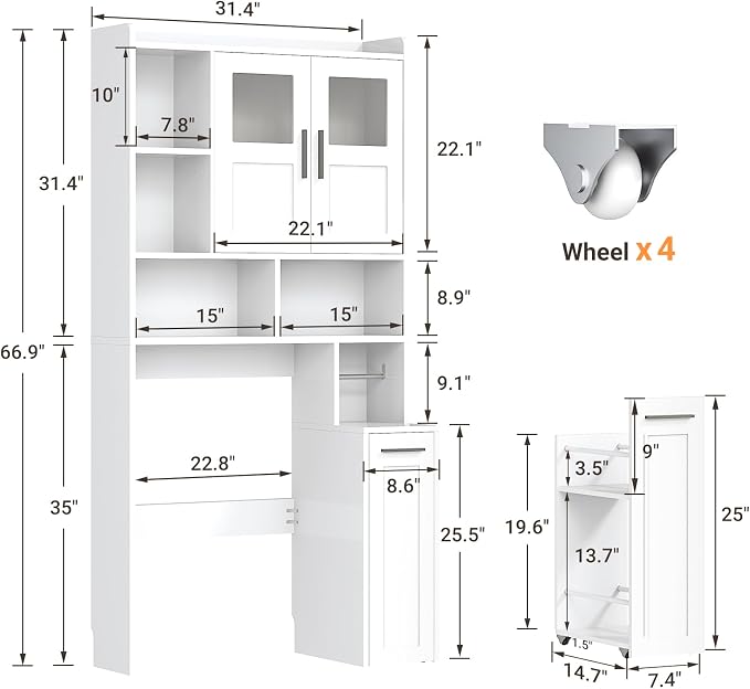 ELYKEN Over The Toilet Storage Cabinet with Pulley Bathroom Storage Cabinet, Home Space-Saving Over Toilet Rack with Glass Doors & Open Adjustable Shelf for Bathroom, Restroom, Laundry, White