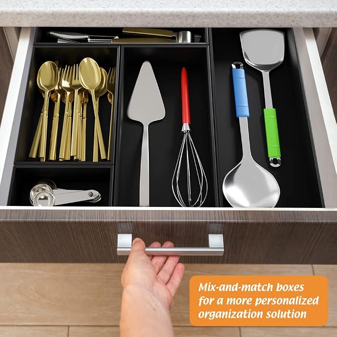 Black Bamboo Drawer Organizer - Silverware&Utensil Holder Organizer for Kitchen Drawers, Multi-Use Drawer Dividers Boxes for Bathroom Counter，Cabinet, Garage, Office Desk, Makeup, Jewelry (15"6"2.5")