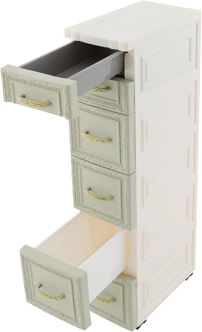 Storage Cabinet, 6 Drawers Narrow Plastic Organizer Cabinet with Wheels, Vertical Drawer Storage Unit, Mobile Slim Utility Furniture for Office, Living Room, Bedroom, Garage (Green)